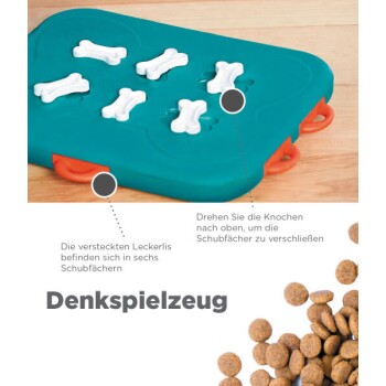 Interaktives Haustier-Puzzle-Spielzeug mit weißen, knochenförmigen Teilen auf einem türkisfarbenen Untergrund, mit Text über versteckte Leckereien und Gebrauchsanweisungen.
