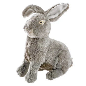 Hundespielzeug Wildlife Kaninchen Grau plüschiger Hase mit realistischen Merkmalen, einschließlich großer Ohren und goldenen Augen, aufrecht sitzend vor einem weißen Hintergrund.