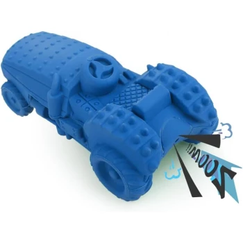 Blaues Gummispielzeug in Form eines Autos mit strukturierten Rädern, das über einen Quietscher verfügt, der beim Drücken ein "Quietschen" von sich gibt.