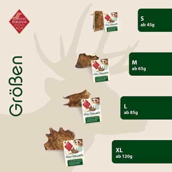 Bild von Haustier-Kauartikeln mit der Bezeichnung "Hau-Geweih" in vier Größen (S, M, L, XL) mit Gewichten von 45g bis 120g.