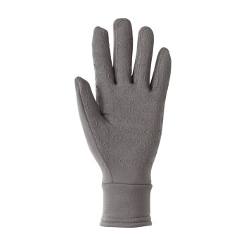 Graue Haustierpflegehandschuhe mit strukturiertem Griff, mit fünf Fingern und einem engen Handgelenkbund, auf einem weißen Hintergrund präsentiert.