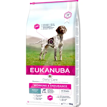 EUKANUBA Daily Care Hundefuttertüte, 15 kg, mit einem gescheckten Hund auf Gras. Der Text hebt 'Arbeit & Ausdauer', 30% Protein, 20% Fett hervor.