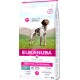 EUKANUBA Daily Care Hundefuttertüte, 15 kg, mit einem gescheckten Hund auf Gras. Der Text hebt 'Arbeit & Ausdauer', 30% Protein, 20% Fett hervor.