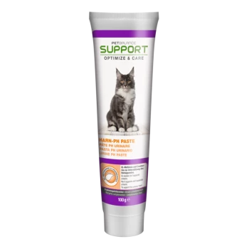 Tube PetBalance Support Harn-PH Paste für Katzen, 100 g, mit einer grauen Katze auf dem Etikett und dem Anspruch, die Harnwegsgesundheit zu unterstützen.