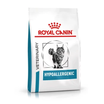 Sac de nourriture pour chats vétérinaire hypoallergénique Royal Canin avec une illustration de chat tigré et le logo de la marque en haut.