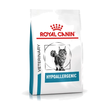 Royal Canin Veterinär-Hypoallergen Katzenfutterbeutel mit einer Abbildung einer getigerten Katze und dem Markenlogo oben.