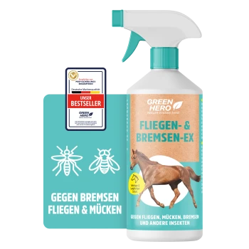 Eine 500 ml Sprühflasche mit dem Etikett "GREEN HERO" für Insektenschutz, mit einer Pferdeillustration und dem Emblem "Made in Germany."