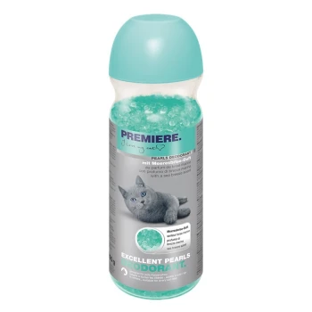 Excellent Pearls Deodorant 250g Meeresbrise Flasche mit PREMIERE Pearls Deodorant für Katzen, mit einem Duft nach Meeresbrise, mit einem Bild einer grauen Katze und türkisfarbenen Gelperlen im Inneren.