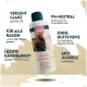 Pferdeshampoo-Flasche mit Text, der die Vorteile hervorhebt: "glänzendes Fell," "pH-neutral," "duftfrei," "einfaches Kämmen," und "juckreizhemmend."