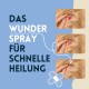 Bild, das ein Haustierheilungsspray bewirbt mit dem Text "Das Wunderspray für schnelle Heilung" und einer Hand, die es auf einen Hund aufträgt.