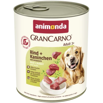 Dose Animonda GranCarno Hundefutter 'Rind + Kaninchen' (Beef + Rabbit) Adult 1+, Hundebild und Fleischstücke.