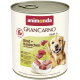 Boîte de nourriture pour chien Animonda GranCarno, « Rind + Kaninchen » (bœuf + lapin) Adulte 1+, photo de chien et morceaux de viande.