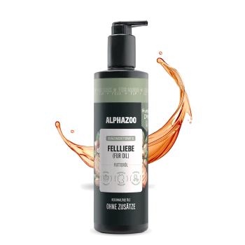 Schwarze zylindrische Flasche von ALPHAZOO Care Futteröl, beschriftet 'FELLLIEBE' für Hunde und Katzen, mit Bildern von Lachs und Nüssen.