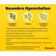 Gelber Aufkleber 'Besondere Eigenschaften' zum Hundefutter: getreidefrei, kartoffelfrei, Leistungs-Icons und Josera-Logo.