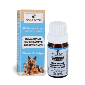 Paws & Patch Bachblüten-Tierheilmittel, Flasche und Verpackung mit Hund- und Katzenbild, beschriftet 'Reizbarkeit Revierkämpfe Aggressionen' (Hunde & Katzen)