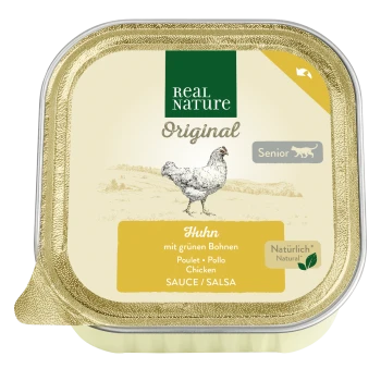 Real Nature Original Senior Katzenfutter mit Huhn und grünen Bohnen in Sauce, natürliche Zutaten, Verpackung aus Goldfolie.
