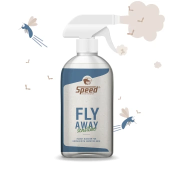 Eine Sprühflasche mit der Aufschrift "Speed FLY AWAY sensitive" für Pferde mit empfindlicher Haut, umgeben von illustrierten fliegenden Insekten.