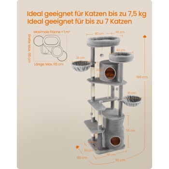 Katzenbaum für Katzen bis 7,5 kg, 196 cm hoch, mit mehreren Plattformen, Kratzpfosten und gemütlichen Betten.