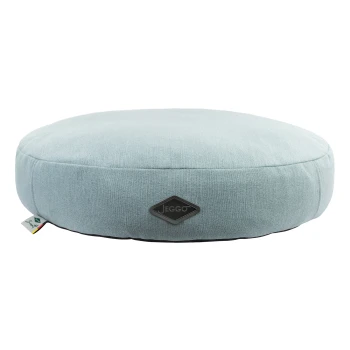 Hellblaues rundes Haustierbett mit einem schwarzen Jeggo-Logo an der Seite, mit einer weichen Stofftextur.