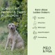 Ein Kind hält eine Schüssel mit Hundefutter, während es einen schwarz-braunen Hund neben einer Dose Milo & Mia Daily Bites ansieht.