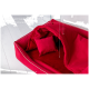 Rotes Haustierbett mit plüschigem Innenraum und einem kleinen passenden Kissen, mit Text über sein weiches Veloursäußeres und die plüschige Fütterung.