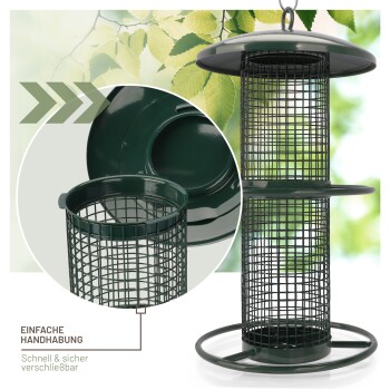 Grüner Drahtgitter-Vogelfutterspender mit abnehmbarem Deckel und Boden. Text: "EINFACHE HANDHABUNG" und "Schnell & sicher verschließbar."