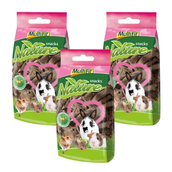 Trzy torby przekąsek Multifit Nature dla małych zwierząt, z obrazkami królika, świnki morskiej i chomików na kolorowym tle.