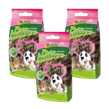Trzy torby przekąsek Multifit Nature dla małych zwierząt, z obrazkami królika, świnki morskiej i chomików na kolorowym tle.