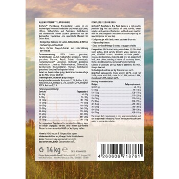 Verpackung für Trockenfutter für Hunde mit Lamm, Süßkartoffeln und Karotten. Nährwertangaben umfassen 25% Protein, Omega-3-Extrakt und Fütterungshinweise.