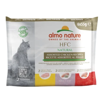 Almo Nature HFC Natural Multipack für erwachsene Katzen, mit verschiedenen Hühnerrezepten, 6 Packungen à 55g, mit einer Katzensilhouette.