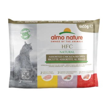 Almo Nature HFC Natural Multipack für erwachsene Katzen, mit verschiedenen Hühnerrezepten, 6 Packungen à 55g, mit einer Katzensilhouette.