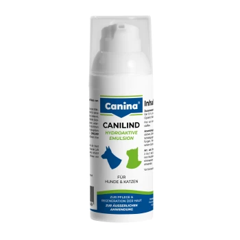 Canina CANILIND hydroaktive Emulsion im Pumpspender für Hunde & Katzen, blaue Hunde- und grüne Katzen-Icons, deutsches Hautpflegeetikett.