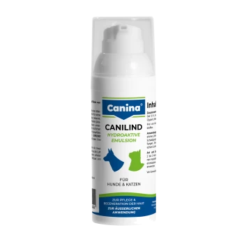 Canina CANILIND hydroaktive Emulsion im Pumpspender für Hunde & Katzen, blaue Hunde- und grüne Katzen-Icons, deutsches Hautpflegeetikett.