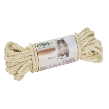 Een bundel natuurlijke sisal touw voor huisdieren, gelabeld 'SWING' met een afbeelding van een fluffy kat, en de merknaam 'MORE for Cats & Dogs.'