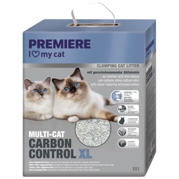 Blauwe PREMIERE 'I ♥ my cat' Multi-Cat Carbon Control XL klonterende kattenbak met twee Ragdoll-katten en korrels, 10L