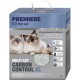 Verpackung von klumpendem Katzenstreu mit zwei flauschigen Katzen auf der Vorderseite, beschriftet mit "PREMIERE I ♥ my cat" und "MULTI-CAT CARBON CONTROL XL."