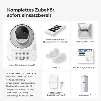 CATLINK Pro‑X selbstreinigendes Katzenklo und Zubehör, deutsche Beschriftung „Komplettes Zubehör“.