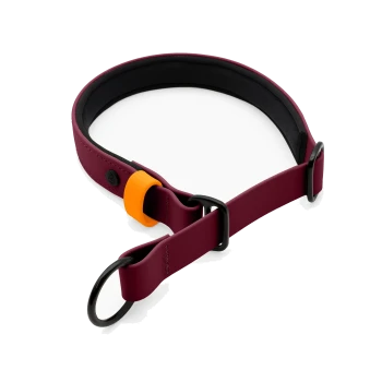 Ein stilvolles Haustierhalsband mit einem maronen- und schwarzen Design und einem lavendelfarbenen Connector, das verstellbare Ringe zur Größenanpassung zeigt.