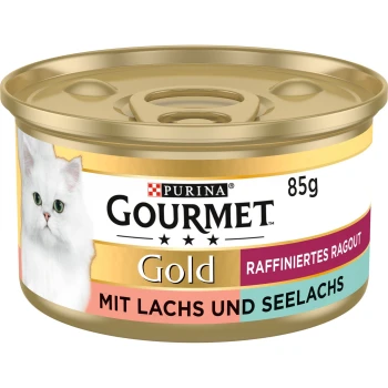 Gold Raffiniertes Ragout Duetto 12x85 g Purina Gourmet Gold Katzenfutterdose, 85g, mit einem Bild einer weißen Katze, beschriftet mit 'Raffiniertes Ragout mit Lachs und Seelachs.'