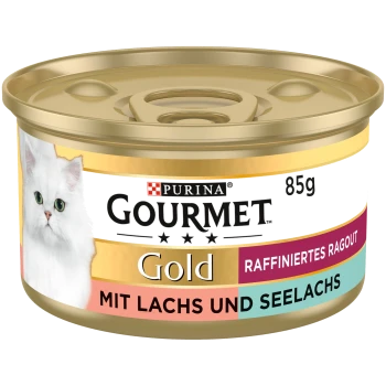 Purina Gourmet Gold Katzenfutterdose, 85g, mit einem Bild einer weißen Katze, beschriftet mit 'Raffiniertes Ragout mit Lachs und Seelachs.'