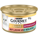 Purina Gourmet Gold Katzenfutterdose, 85g, mit einem Bild einer weißen Katze, beschriftet mit 'Raffiniertes Ragout mit Lachs und Seelachs.'