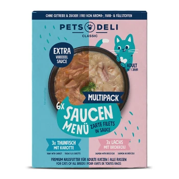 Multipack karmy dla zwierząt zawierający 6 puszek delikatnych filetów w sosie, o smakach: 3 tuńczyka z marchewką i 3 łososia z brokułami.
