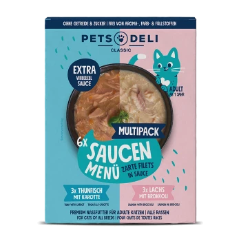 Multipack van huisdiervoeding met 6 blikken van zachte filets in saus, met smaken: 3 tonijn met wortel en 3 zalm met broccoli.