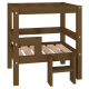Holz-Hundebett mit einer erhöhten Plattform und einer kleinen Stufe, mit lamelliertem Design und robuster Konstruktion in natürlichem Finish.