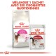 L'emballage de Royal Canin montre de la nourriture sèche "Feline Preference Aroma Exigent" et de la nourriture humide "Instinctive", avec un graphique de chat et du texte en français.