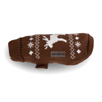 Brauner gestrickter Hundepullover mit weißem Rentier- und Schneeflockenmuster, sichtbares Label "WOLTERS".