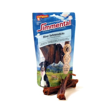 Eine Tüte mit glutenfreien Simmental-Rindfleisch-Kauartikeln für Hunde, mit einem Hund und "Rind Sehnensticks" auf der Vorderseite.