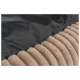 Nahaufnahme eines Haustierbettes mit einer weichen, beigen Plüschoberfläche und einer eleganten schwarzen Unterseite mit kleinen Perforationen.