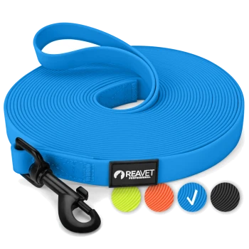 Blaue REAVET Professional Hundeleine mit schwarzem Clip, aufgewickelt gezeigt, mit Farboptionen Limette, Orange, Blau und Schwarz.