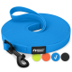 Blaue REAVET Professional Hundeleine mit schwarzem Clip, aufgewickelt gezeigt, mit Farboptionen Limette, Orange, Blau und Schwarz.